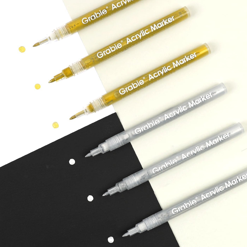 Grabie 6 Pack of Black & White Acrylic Paint Markers, 0.7 mm Extra Fine Tip