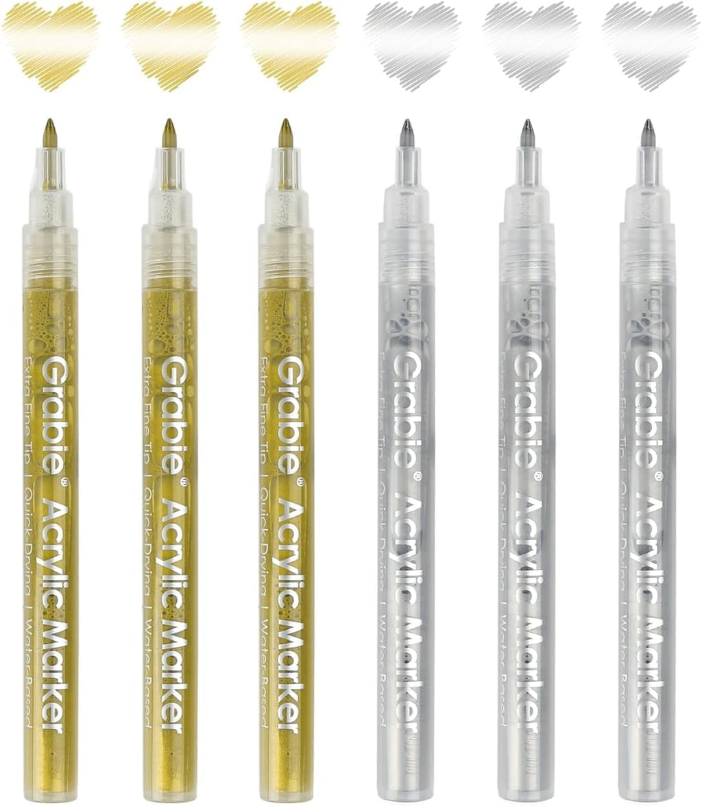 Grabie 6 Pack of Black & White Acrylic Paint Markers, 0.7 mm Extra Fine Tip