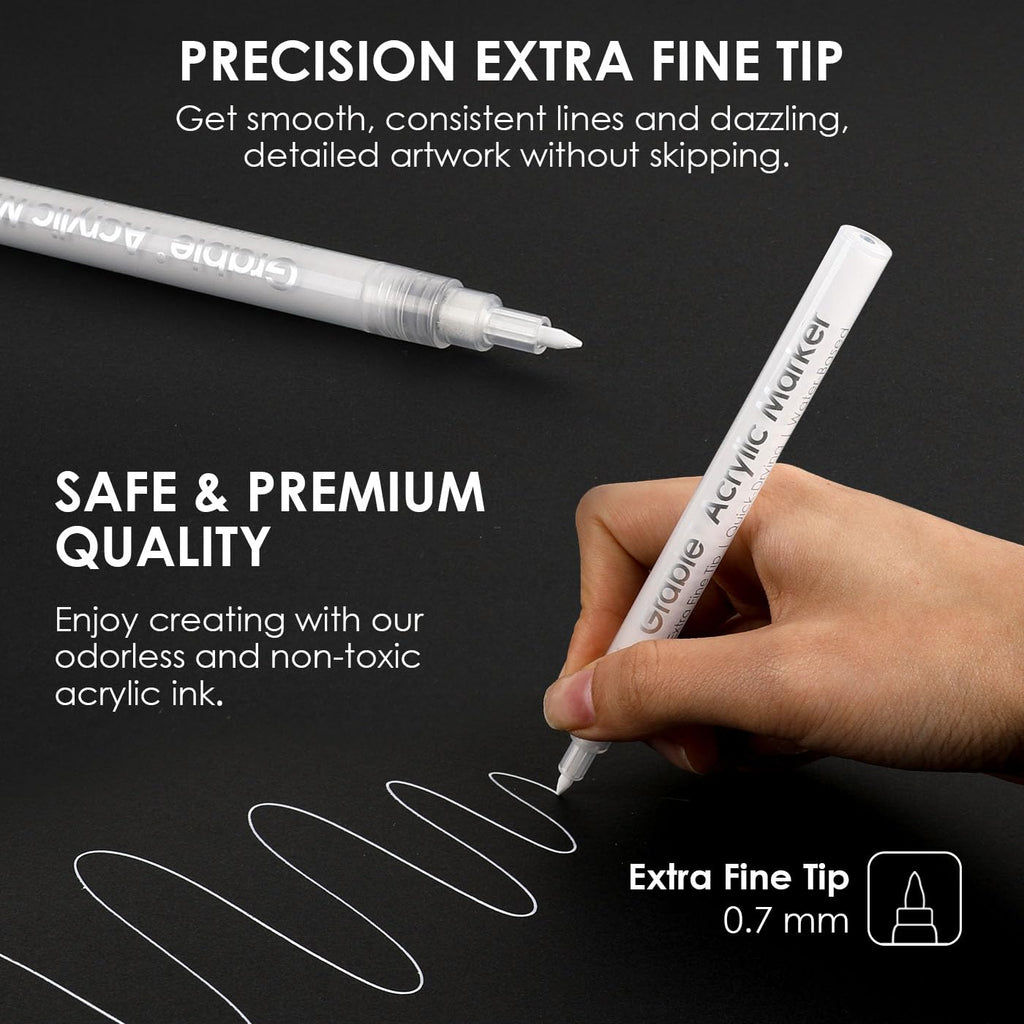 Grabie 6 Pack of Black & White Acrylic Paint Markers, 0.7 mm Extra Fine Tip