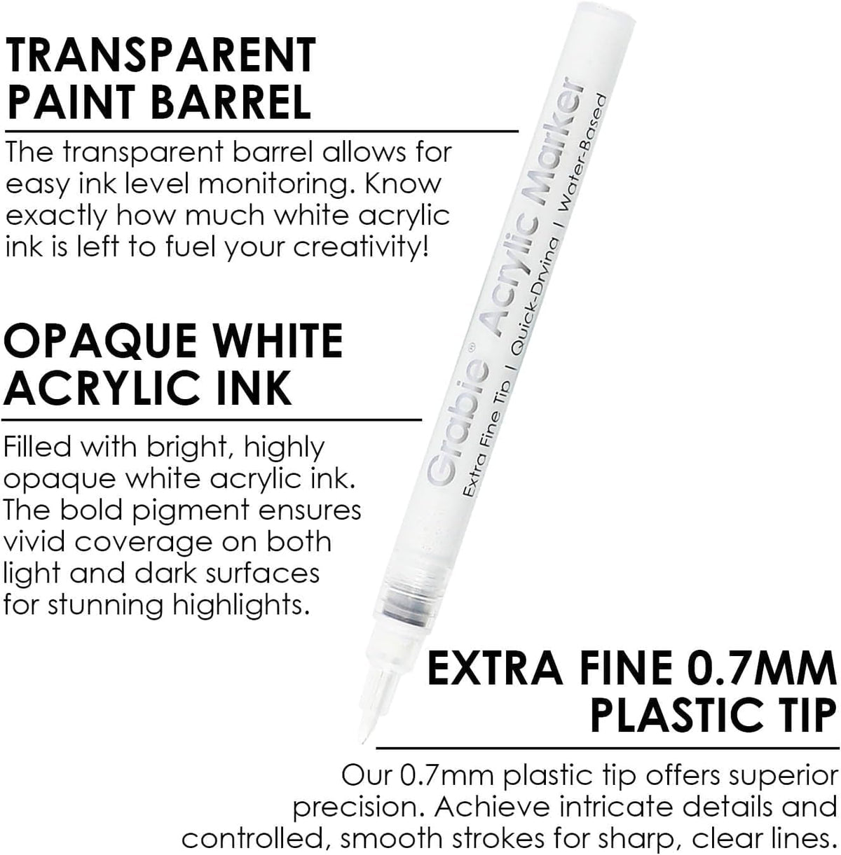 Grabie 6 Pack of Black & White Acrylic Paint Markers, 0.7 mm Extra Fine Tip
