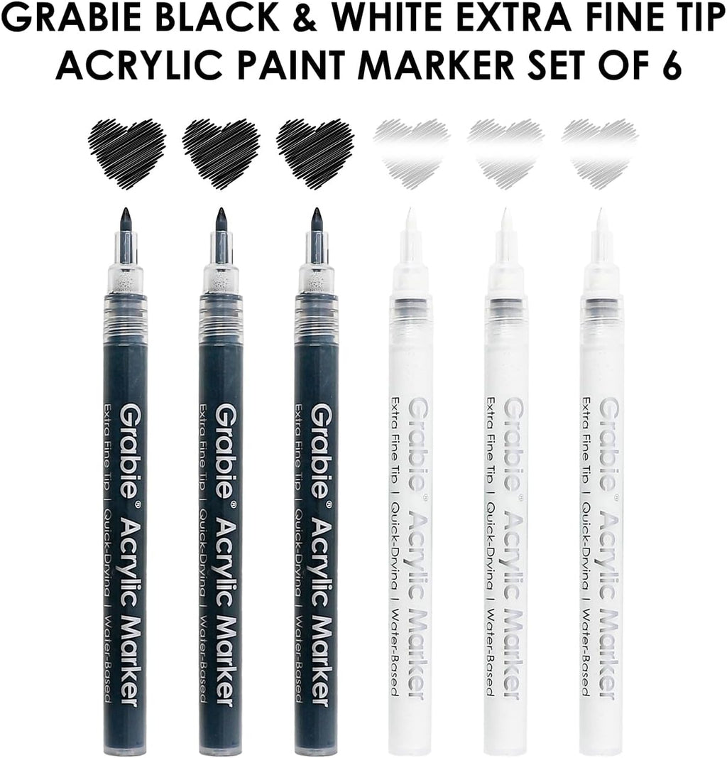 Grabie 6 Pack of Black & White Acrylic Paint Markers, 0.7 mm Extra Fine Tip