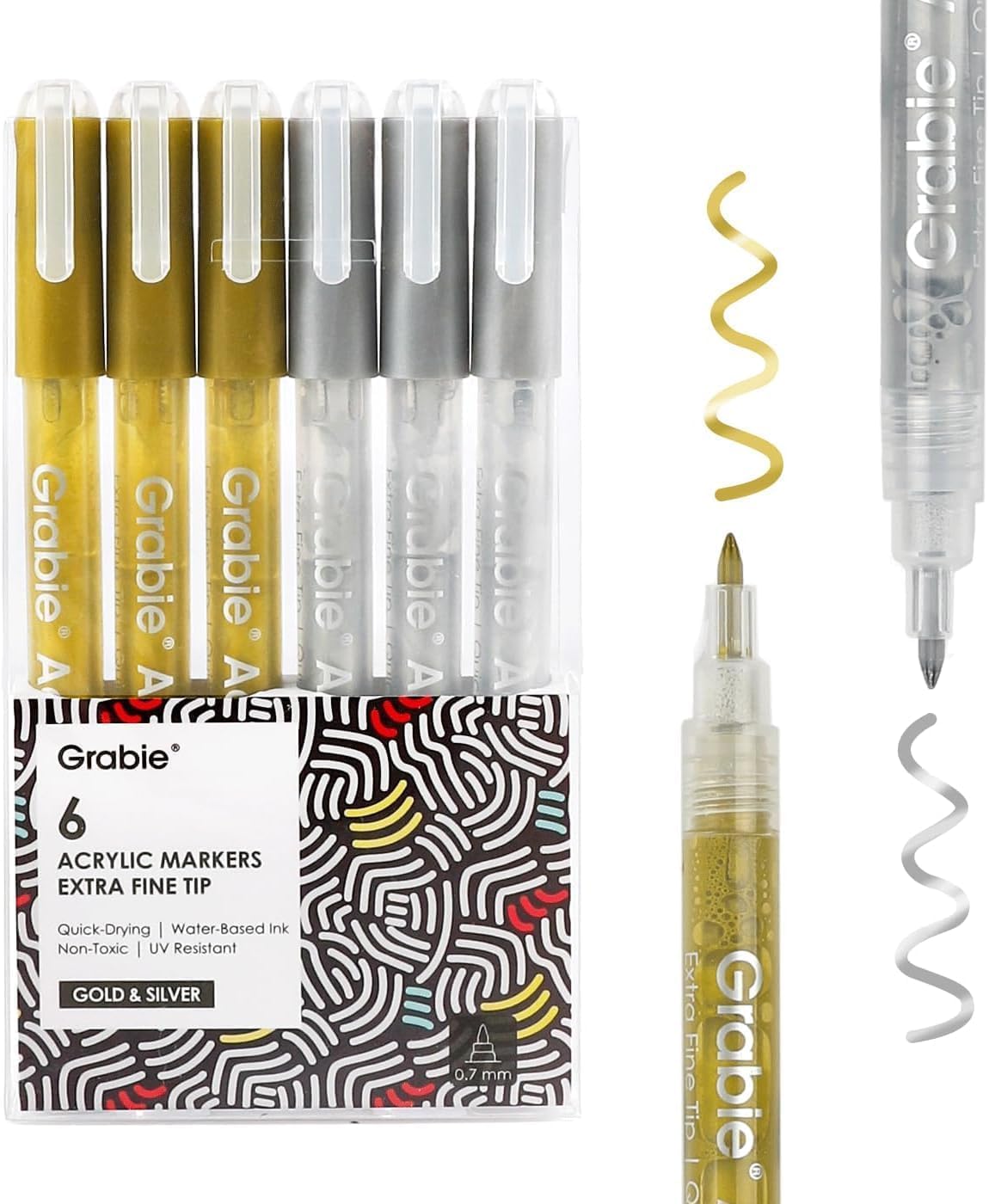 Grabie 6 Pack of Black & White Acrylic Paint Markers, 0.7 mm Extra Fine Tip