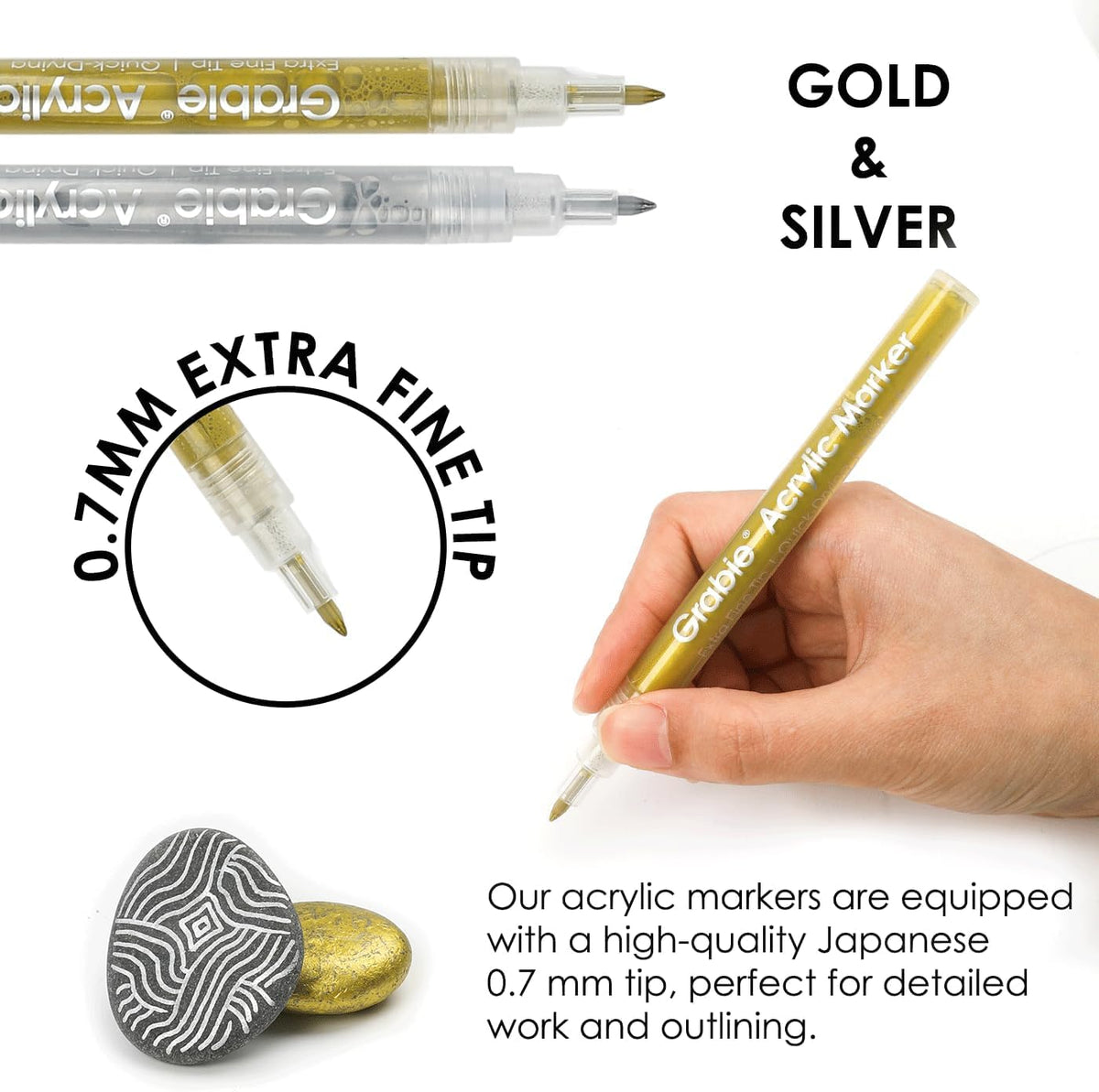 Grabie 6 Pack of Black & White Acrylic Paint Markers, 0.7 mm Extra Fine Tip
