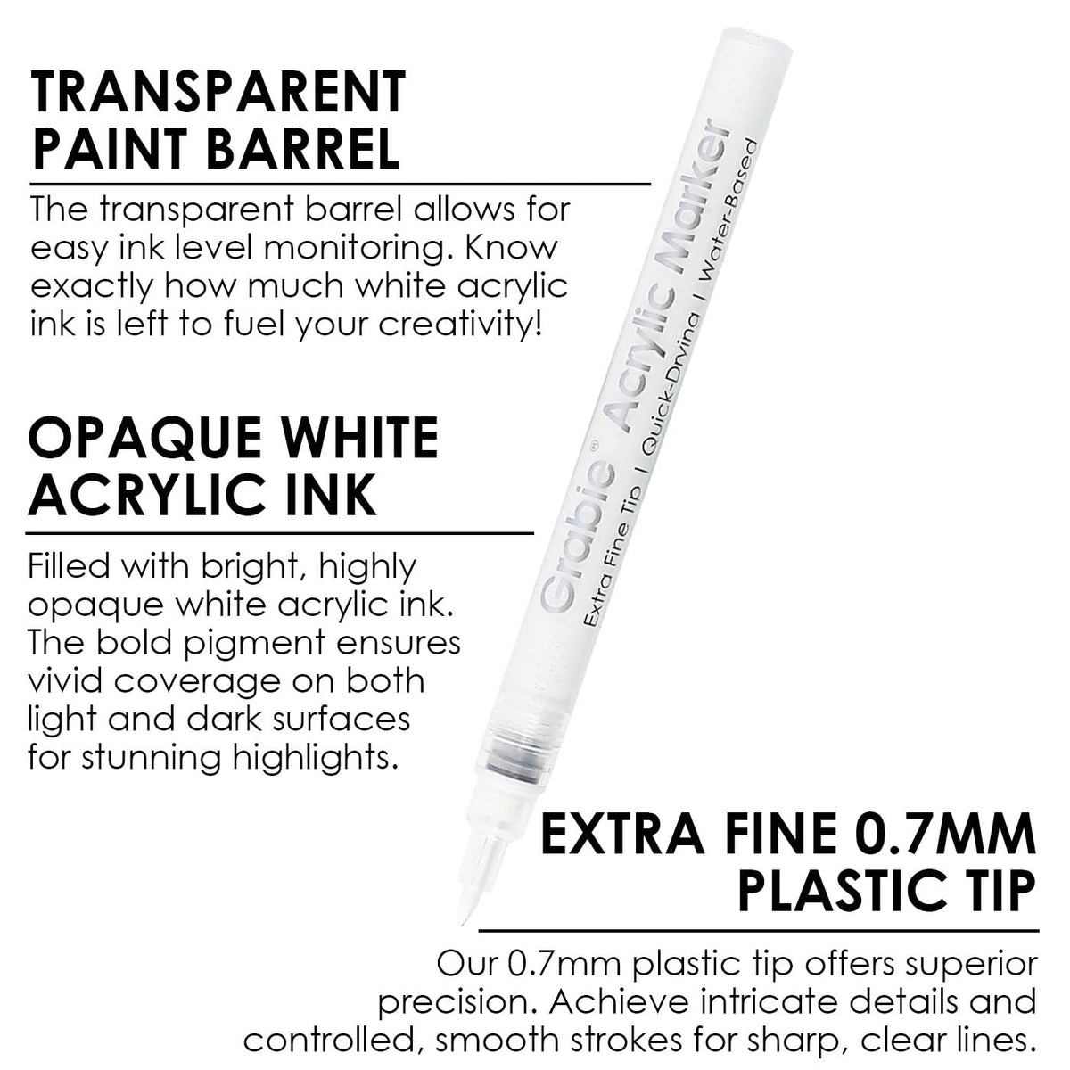 Grabie 6 Pack of Black & White Acrylic Paint Markers, 0.7 mm Extra Fine Tip