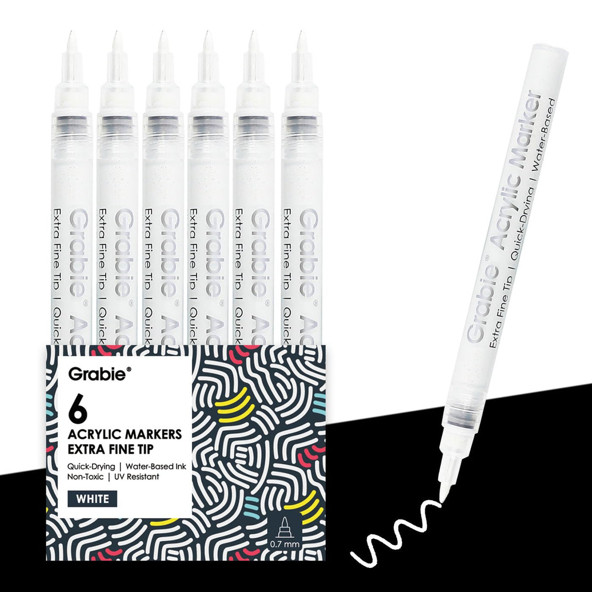 Grabie 6 Pack of Black & White Acrylic Paint Markers, 0.7 mm Extra Fine Tip